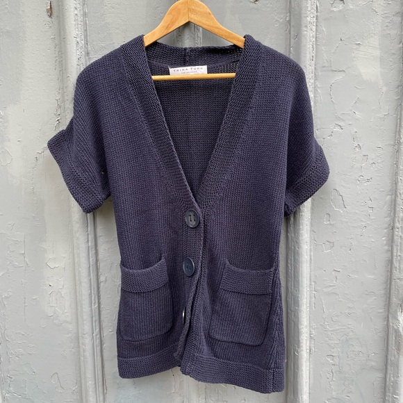 Trina Turk Sweaters - Trina Turk Navy Short Sleeve Chunky Cotton Knit V Neck Cardigan Med